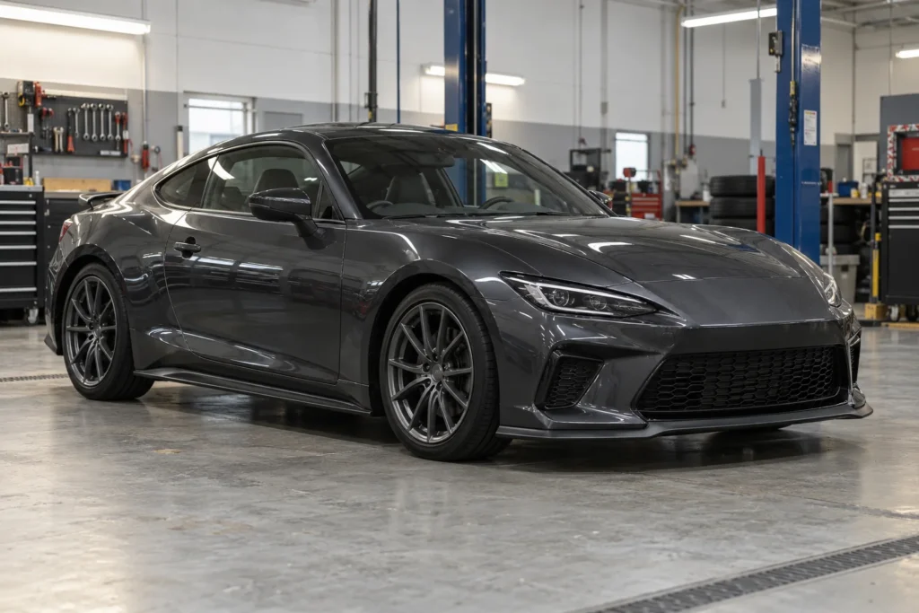 Graphite coupe with a front lip and matching side skirts in an automotive workshop