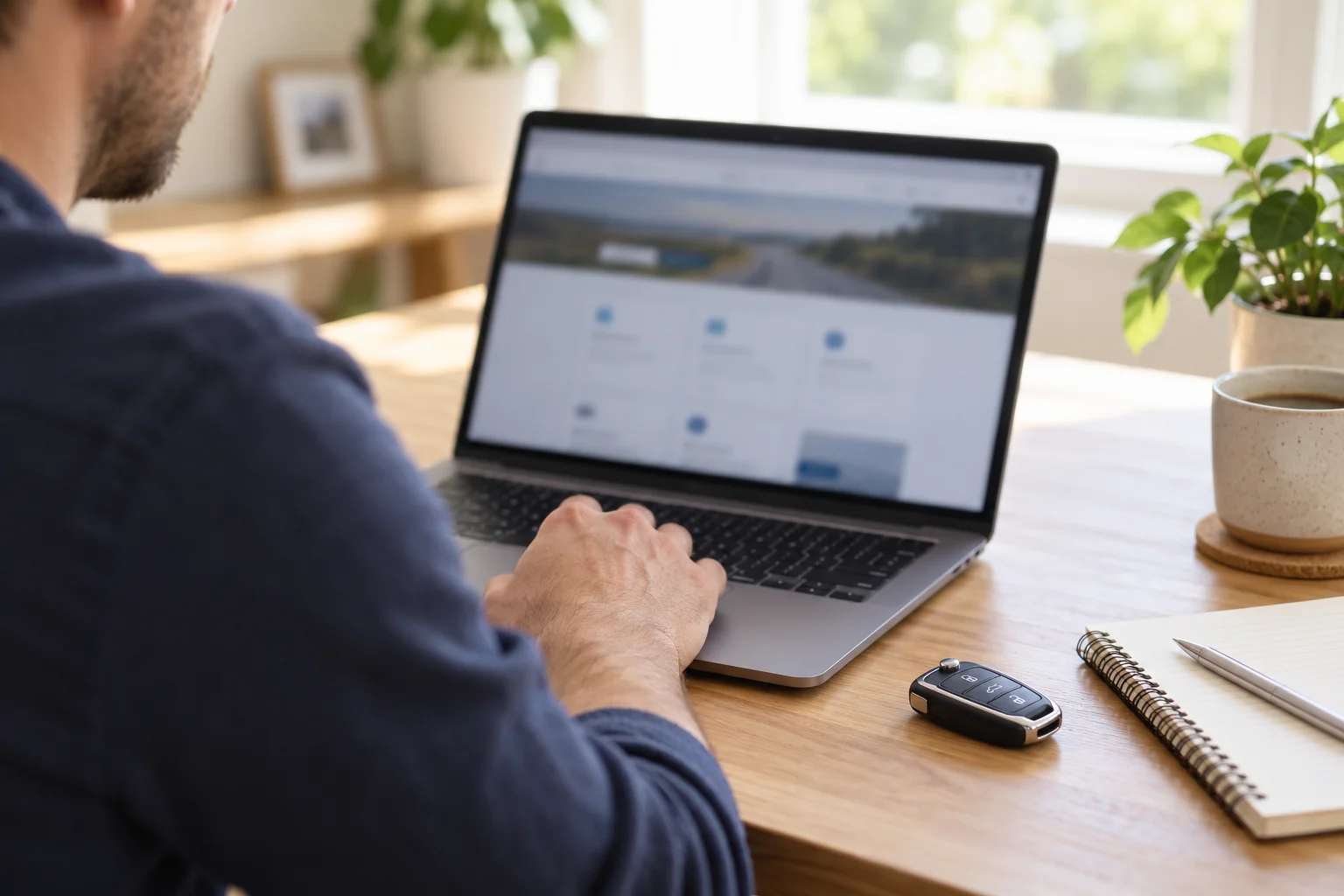 Car owner reviewing renewal details on a laptop beside car keys