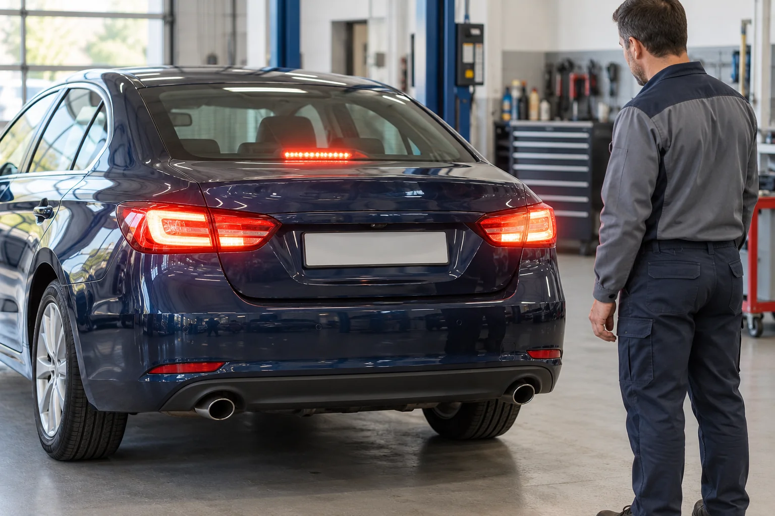 Rear brake lights illuminated while a parked sedan is checked
