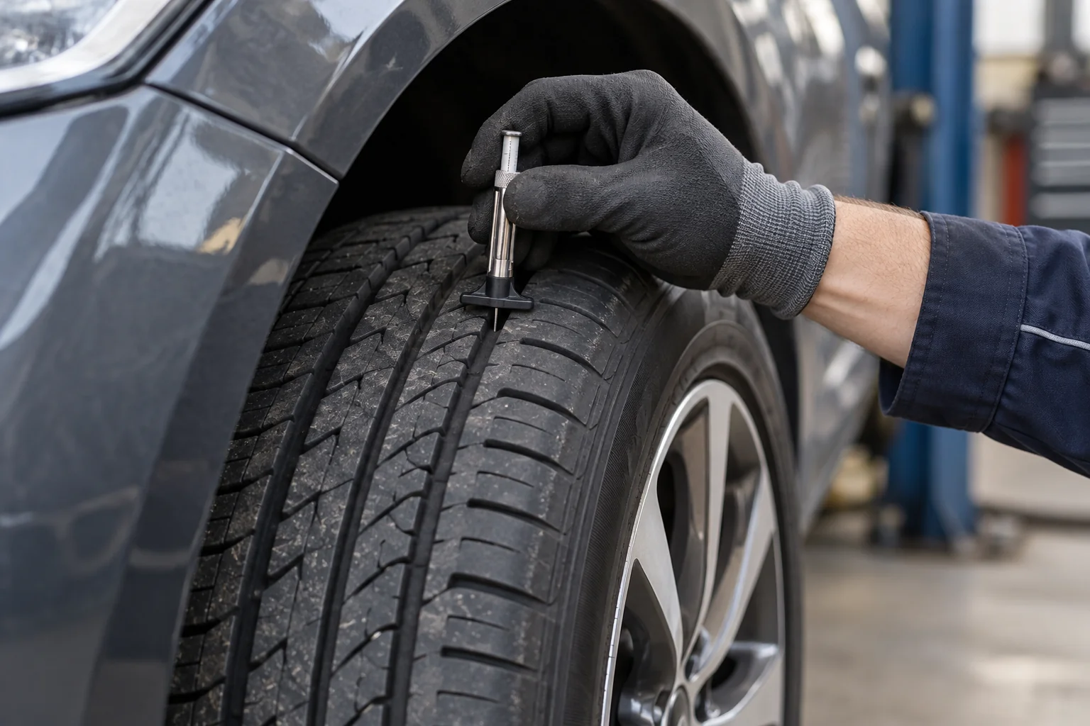 Gloved hand checking tyre tread with a depth gauge