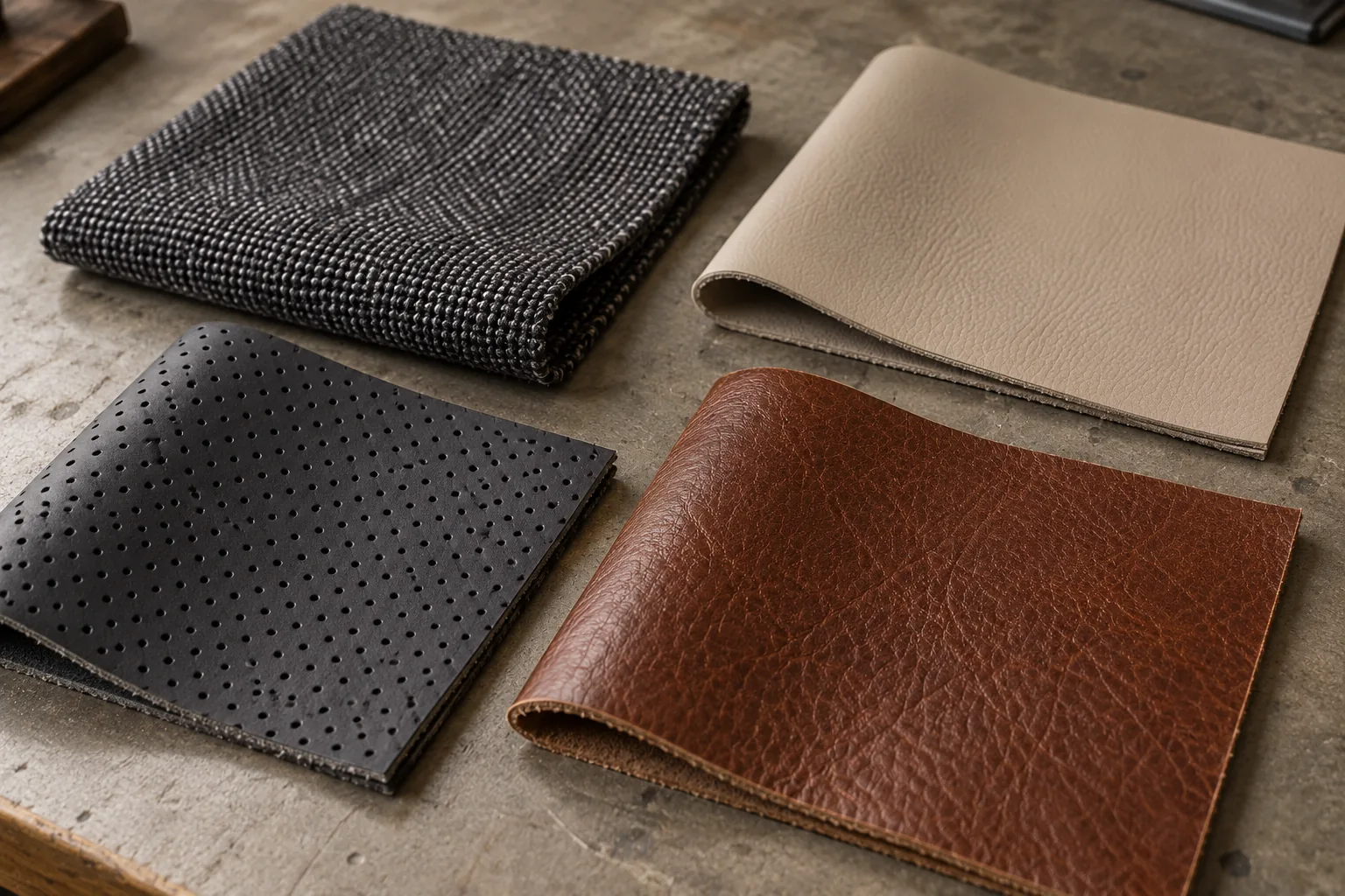 Fabric and leather-look upholstery samples in neutral colours
