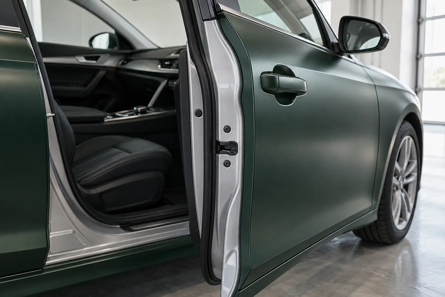 Green wrapped exterior door beside an original silver inner door jamb
