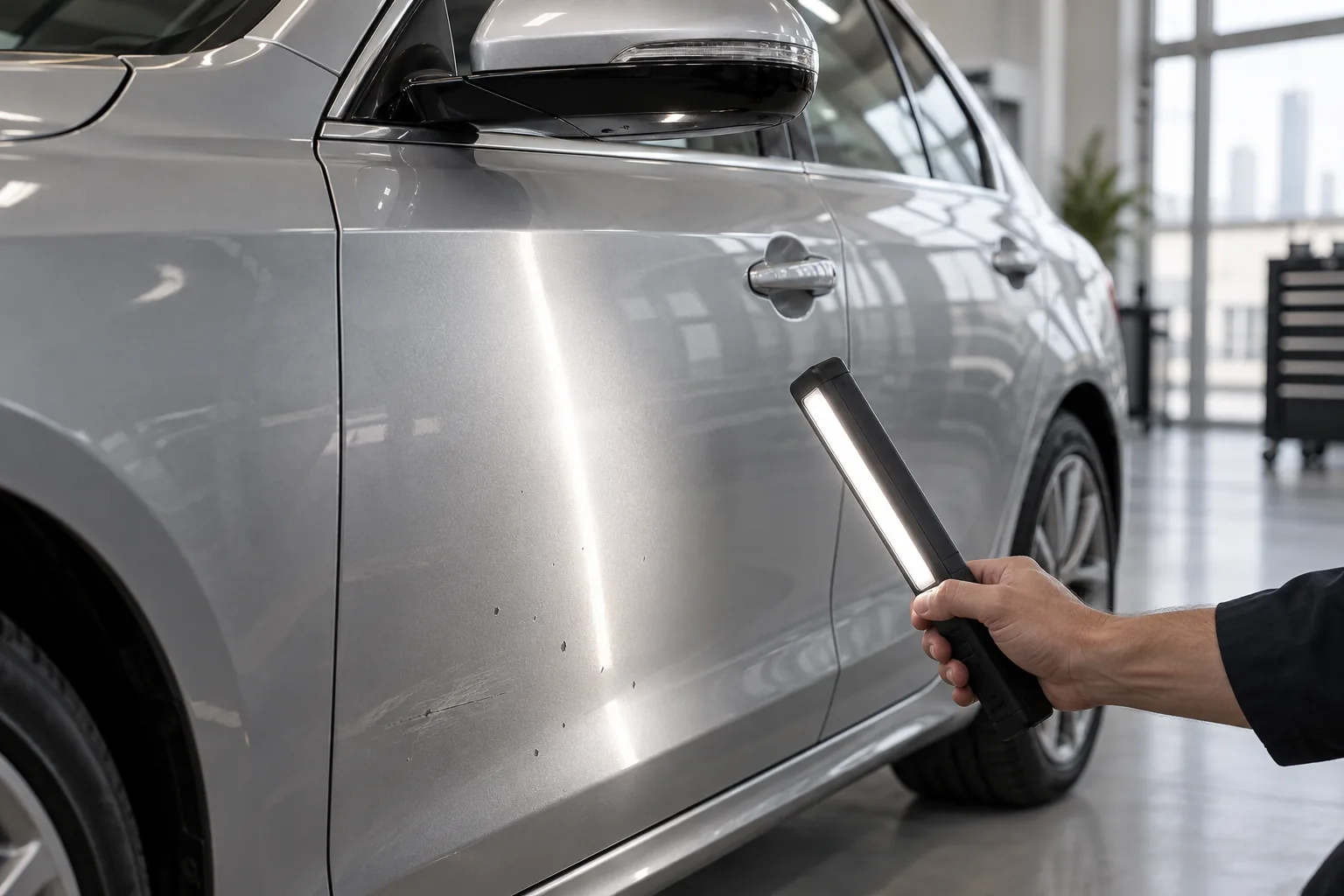 Technician checking a silver car door's paint with an inspection light