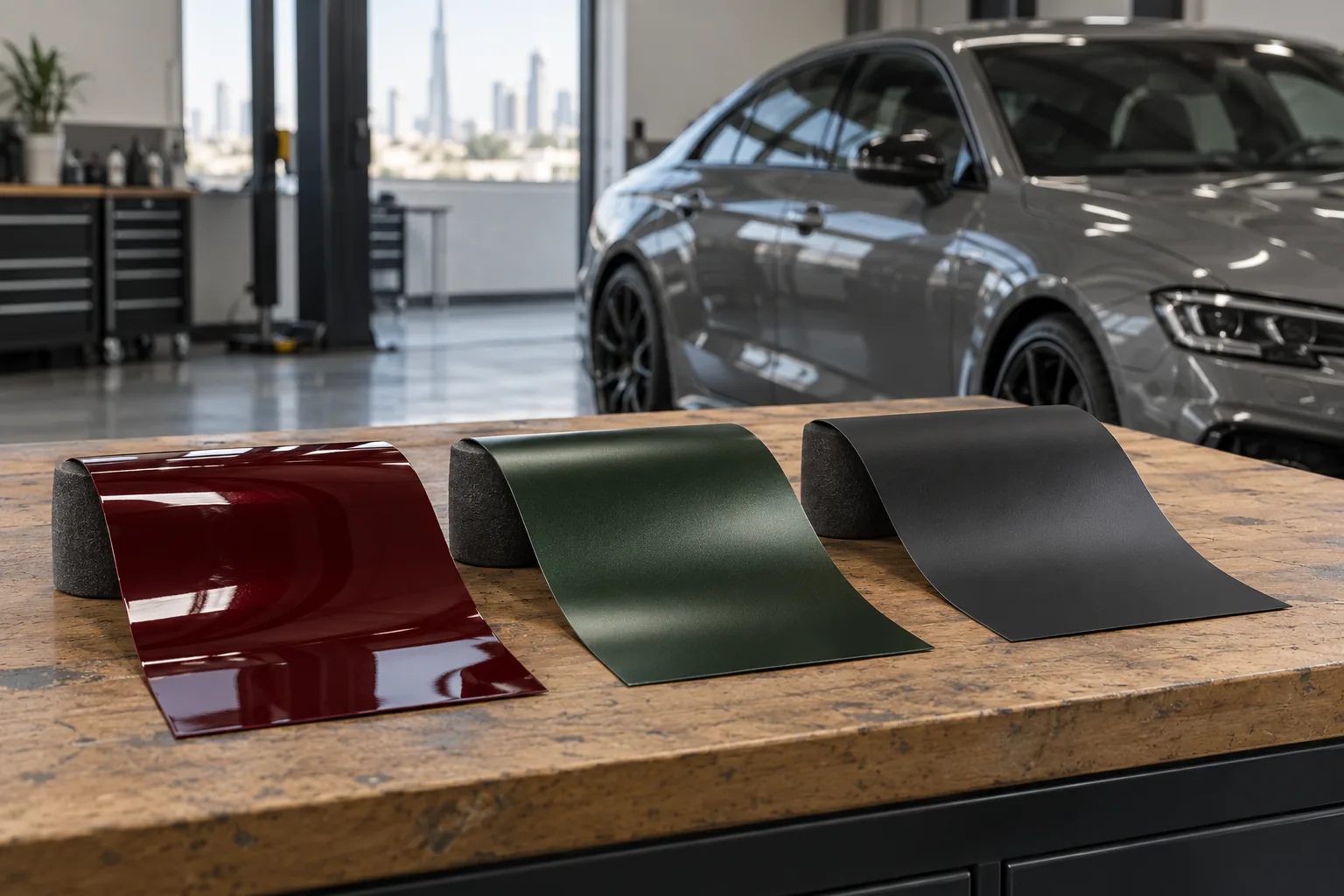 Gloss burgundy, satin green and matte charcoal vinyl samples on a workbench