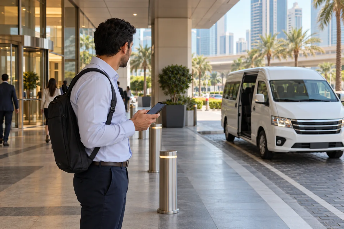 Commuter checking a phone beside a shaded office entrance and minibus pickup bay