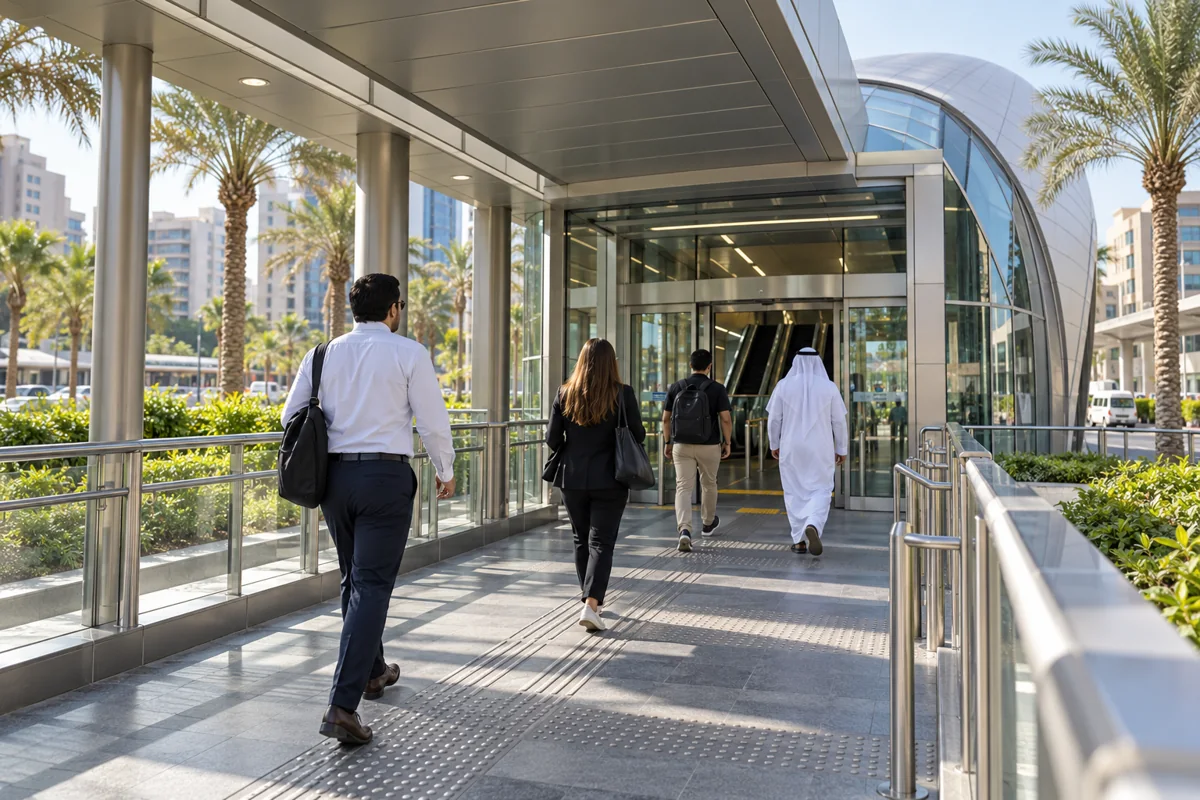 Commuters walking along a shaded entrance approach to a Metro station