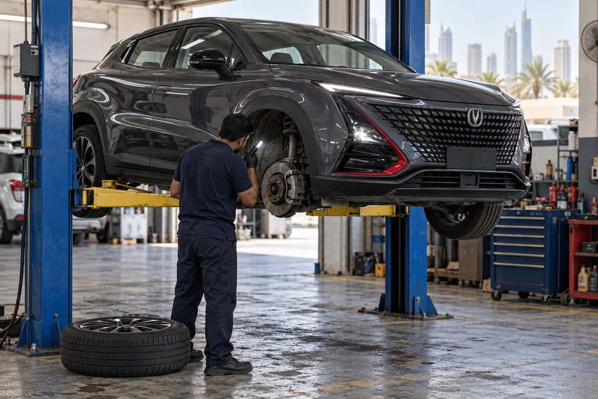 Changan UNI-T on a workshop lift with a front wheel removed for brake inspection