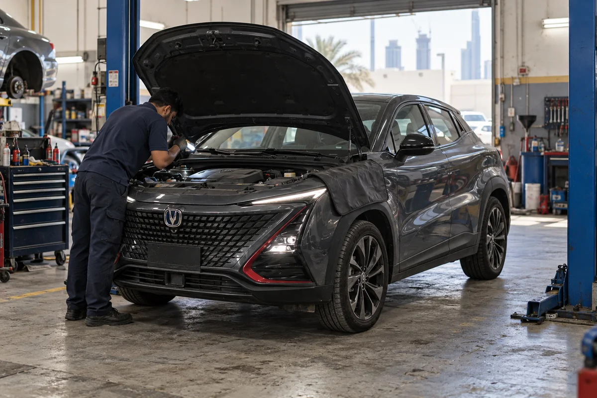 Technician inspecting the open engine bay of a dark gray Changan UNI-T