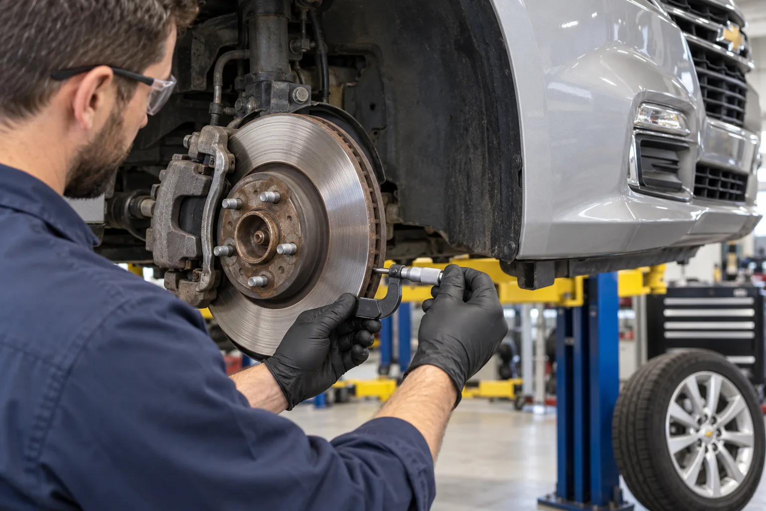 Mechanic measuring the thickness of a Chevrolet brake disc