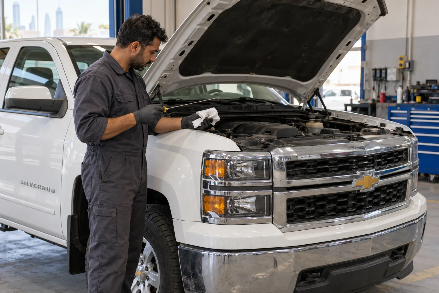 Mechanic checking engine oil on a Chevrolet Silverado