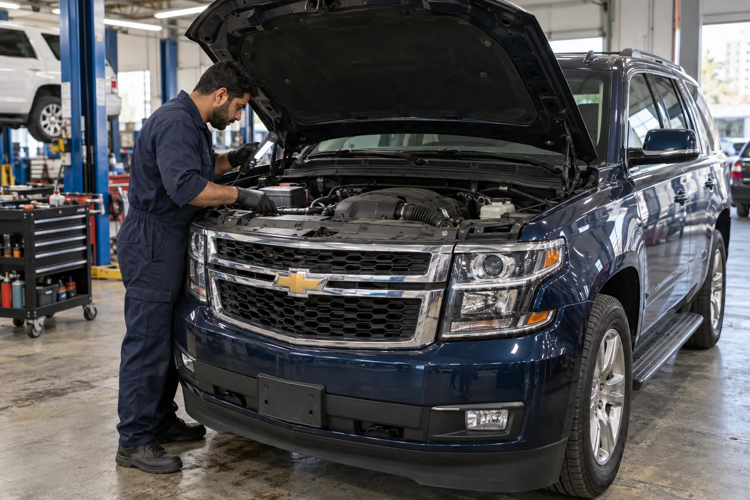 Engine inspection on a Chevrolet Tahoe in a workshop