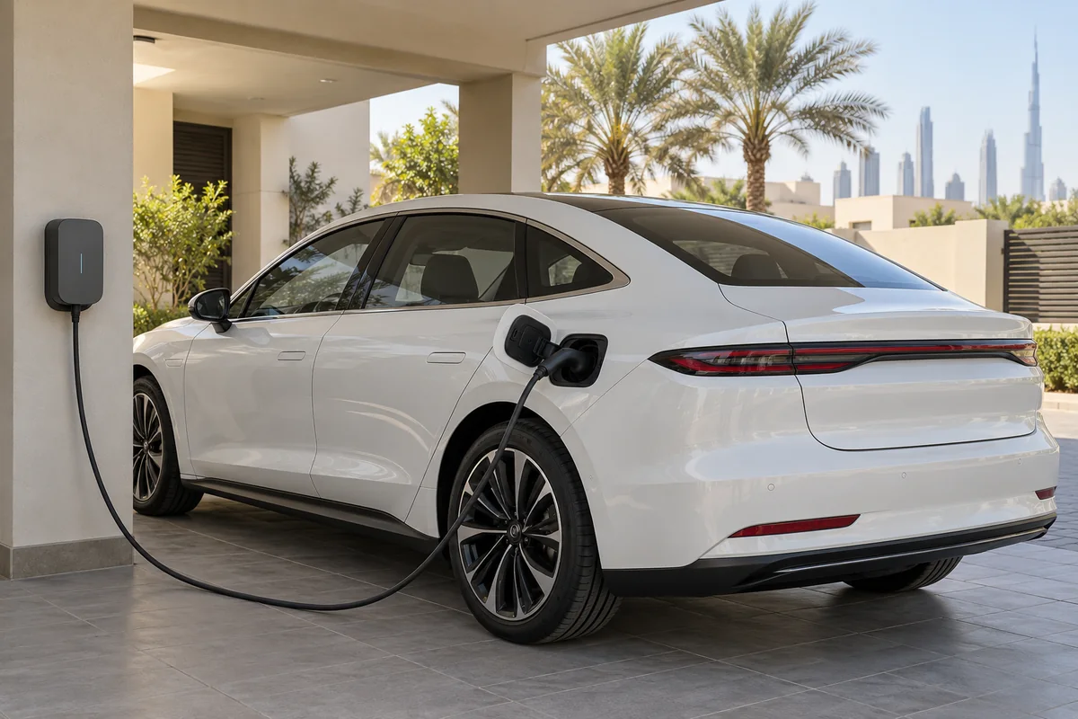 Electric sedan connected to a wall charger in a covered parking bay