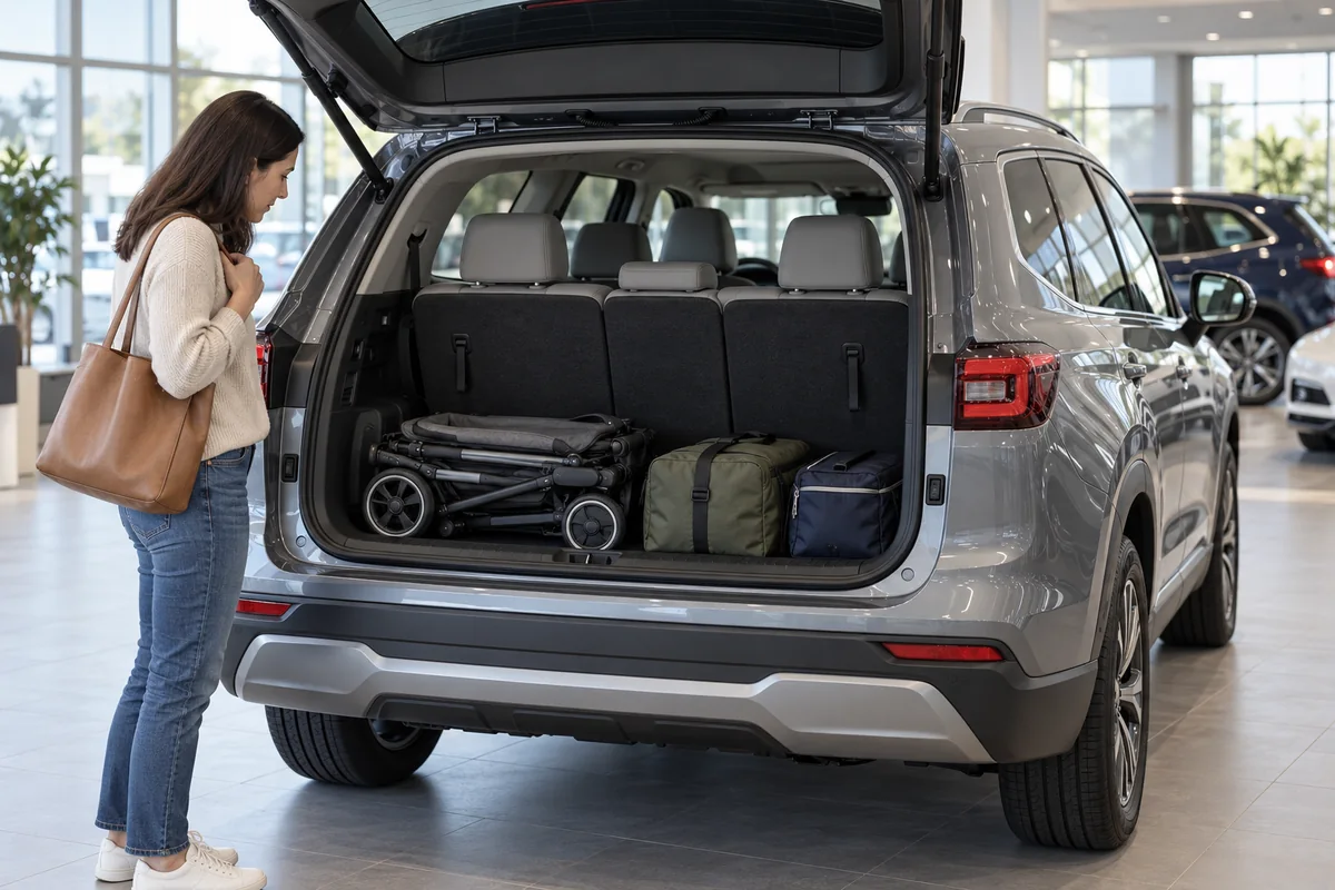 Seven-seat SUV with rear seats upright during a luggage-fit check