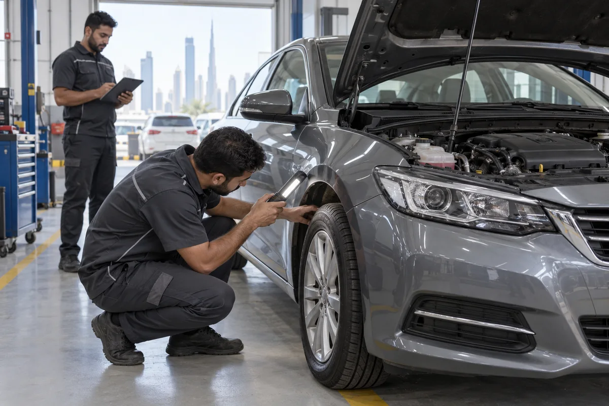 Workshop technician checking a petrol car tyre during a condition inspection