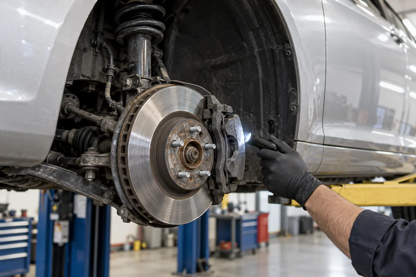 Exposed brake disc and suspension inspected with the wheel removed