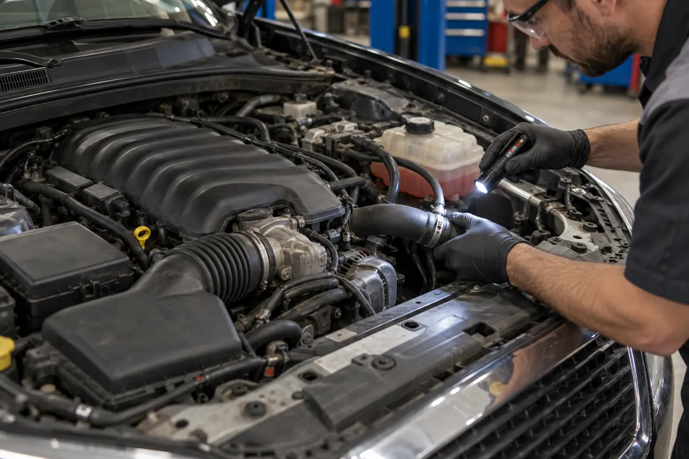 Technician inspecting an engine cooling hose with an inspection lamp