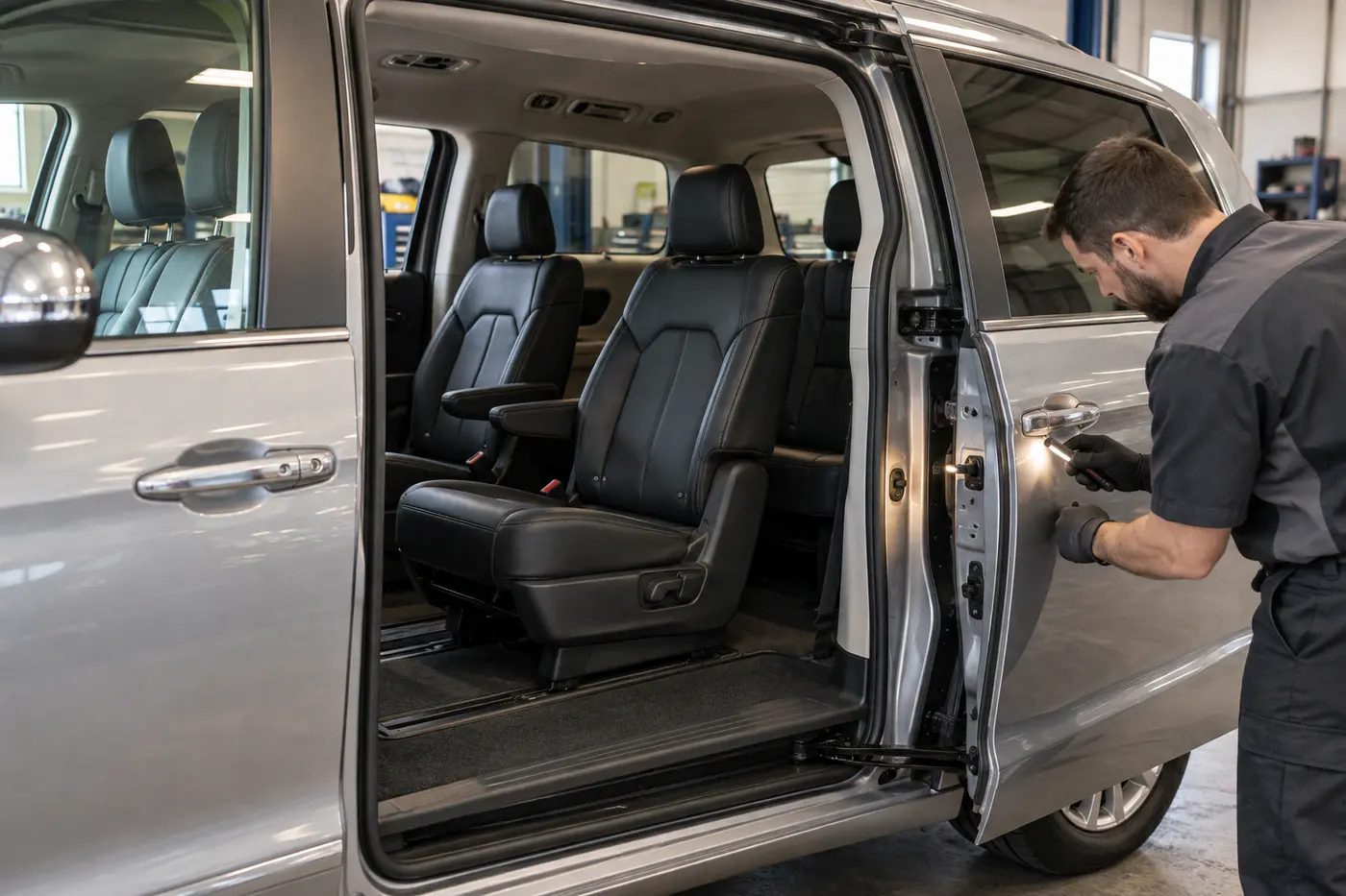 Technician inspecting a minivan sliding door beside the passenger cabin