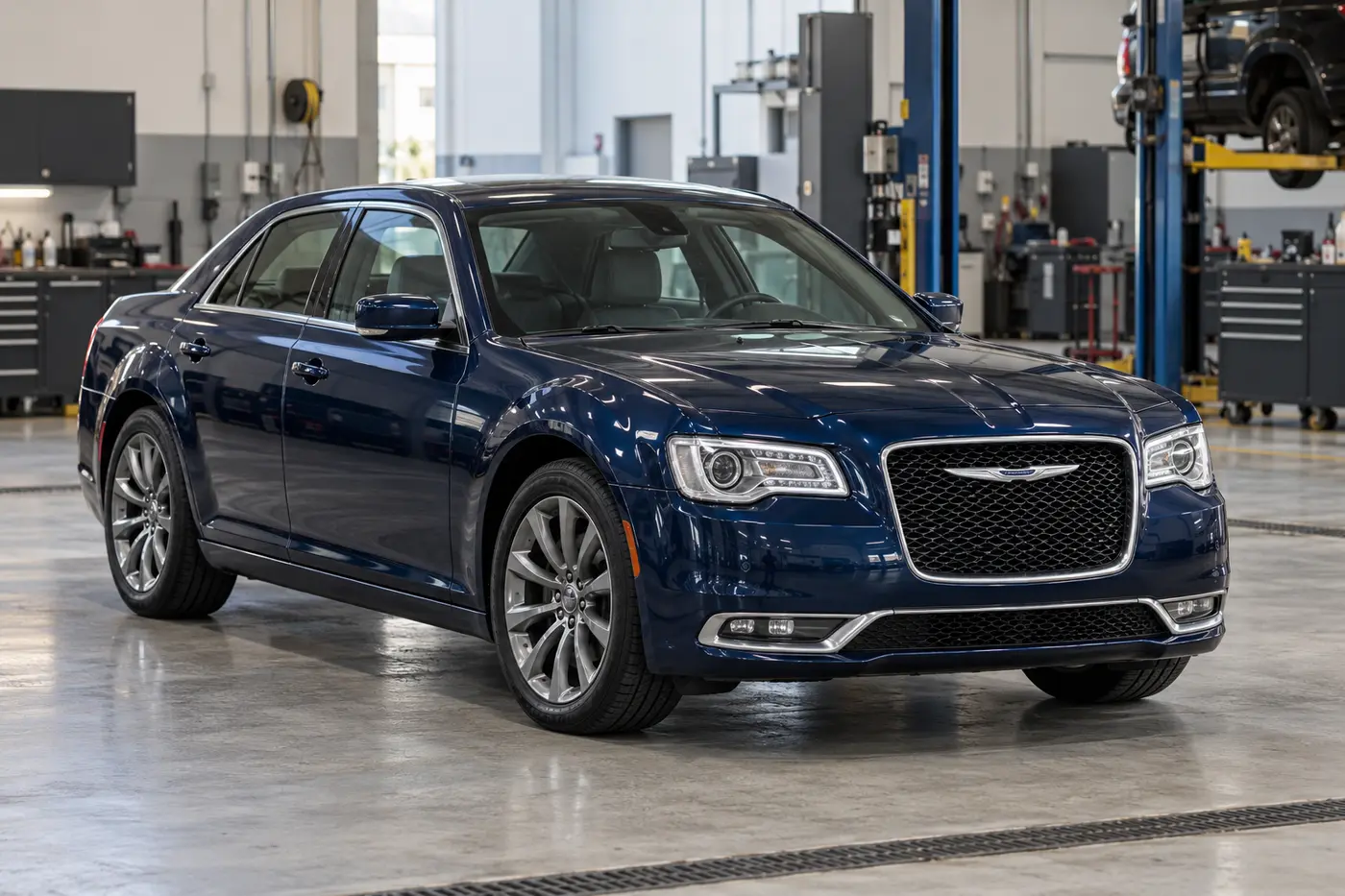 Blue Chrysler sedan parked in a vehicle workshop