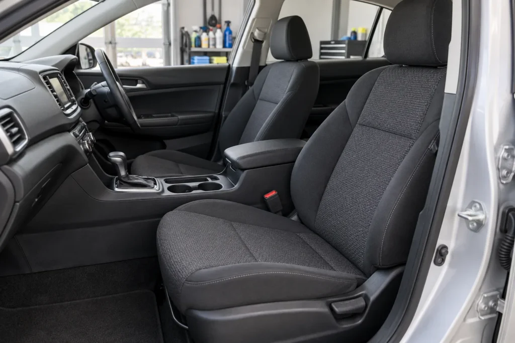 Charcoal fabric front seats inside a clean passenger car