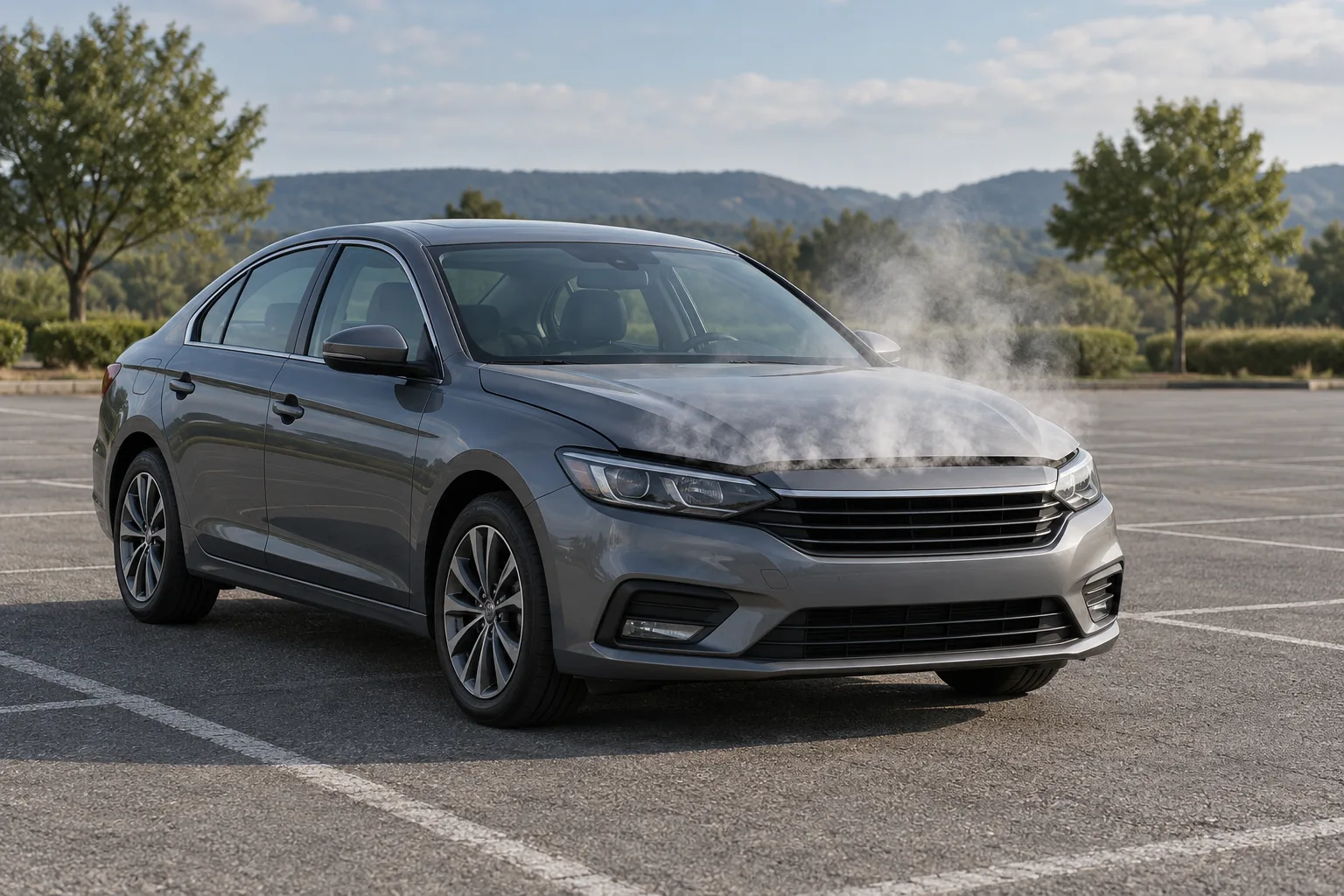 Stationary grey car with its bonnet closed and light vapour near the front seam
