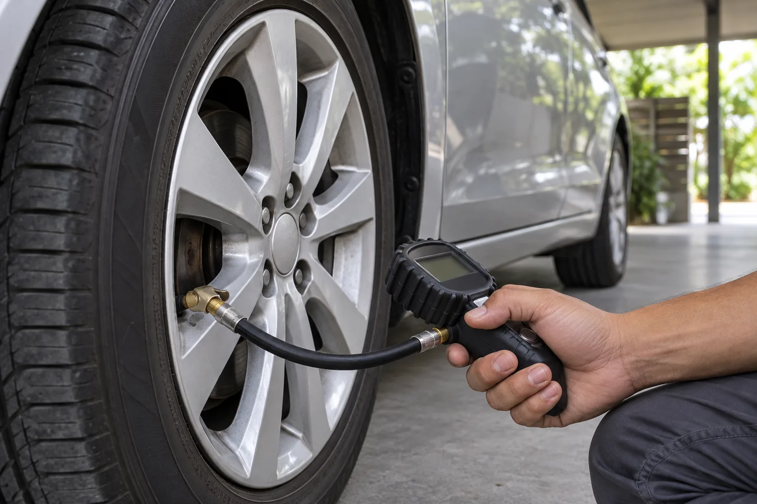 Pressure gauge attached to the valve of a parked car wheel
