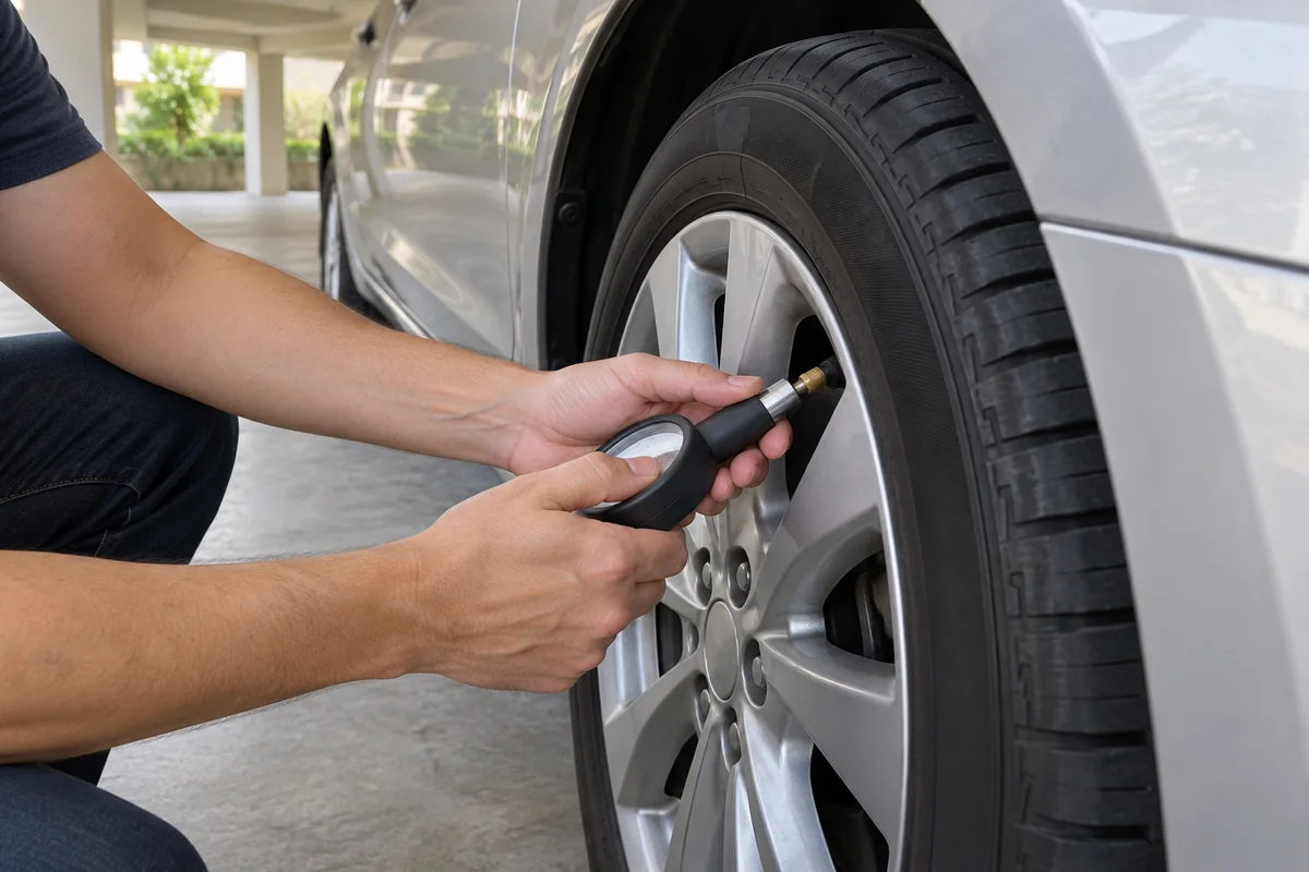 Hands checking a parked car’s tyre pressure with a gauge at the wheel valve
