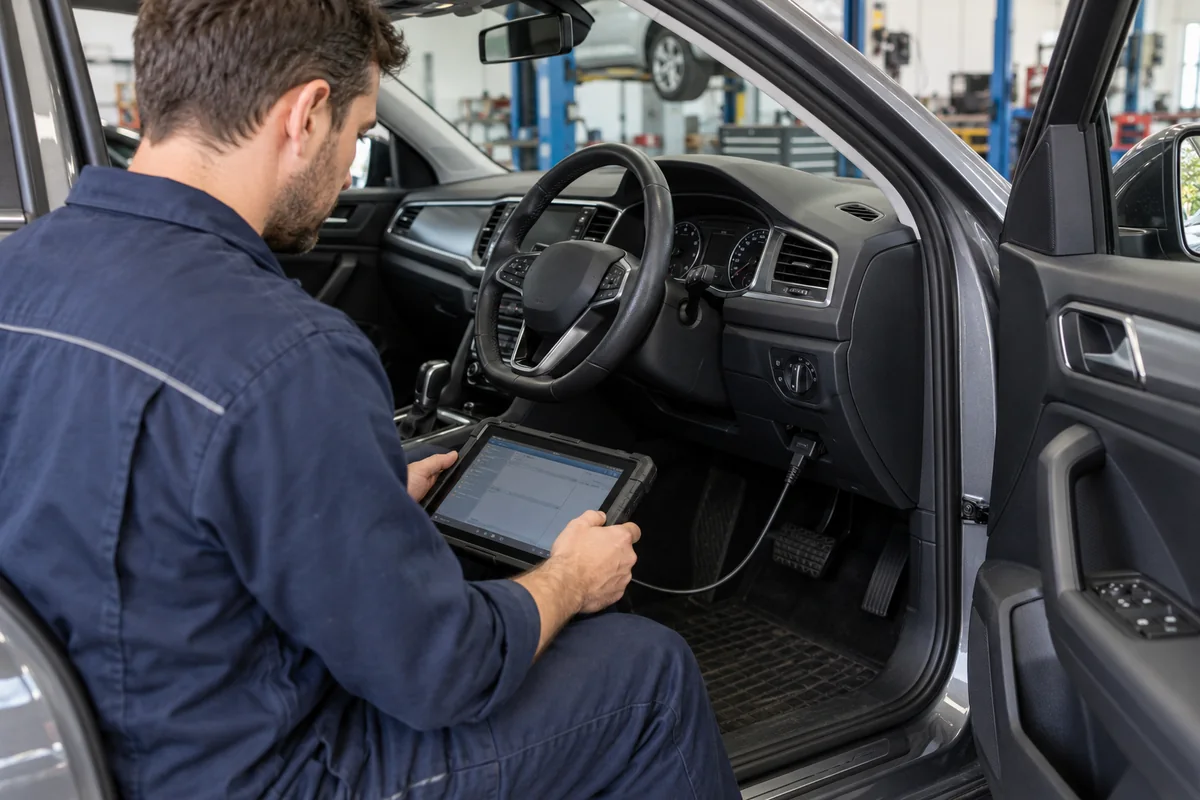 Technician reviewing a connected diagnostic tablet at a car's open driver door