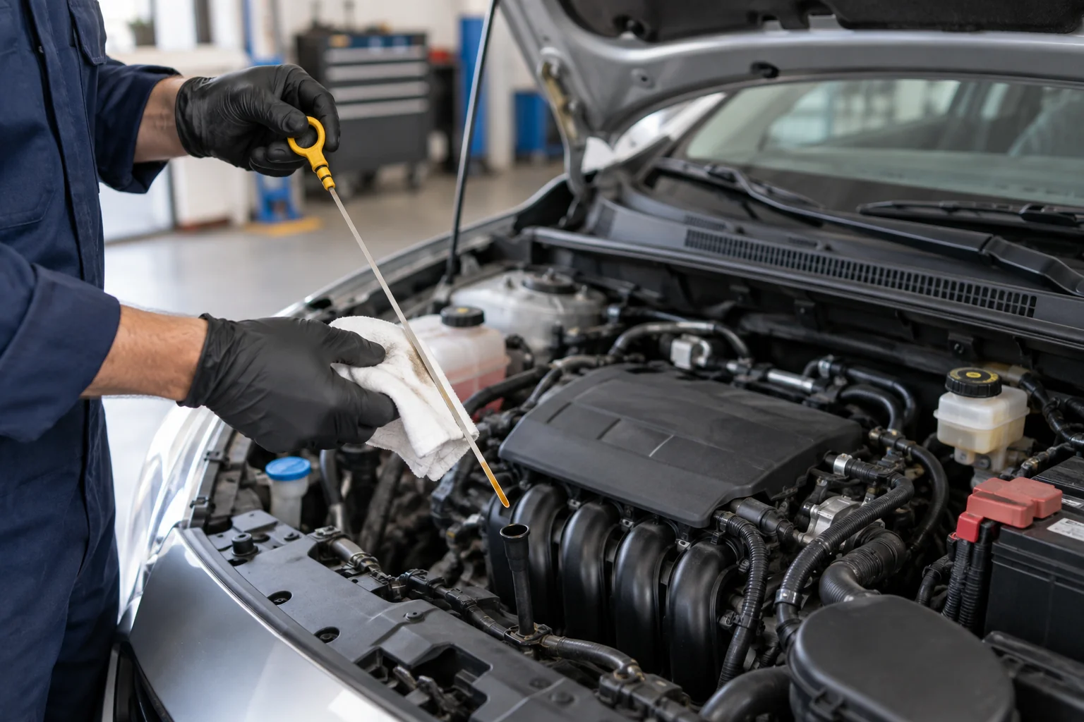 Technician checking an engine oil dipstick in a compact petrol car with its bonnet open