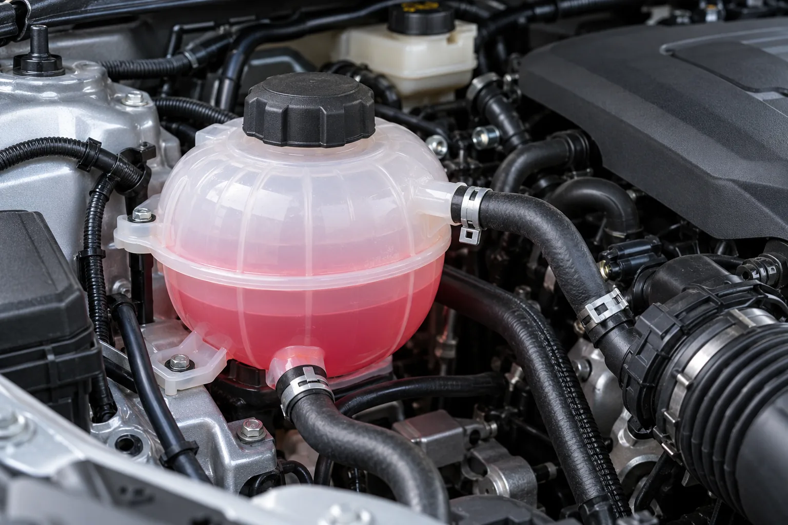 Closed coolant expansion reservoir in a stationary car engine bay
