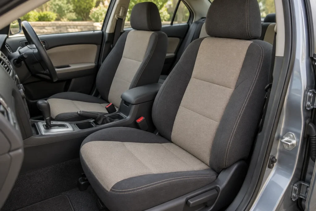 Two-tone car seat design with dark outer panels and a light grey centre