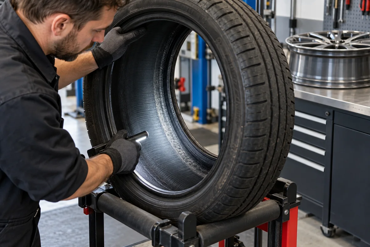 Technician inspecting the inner liner of a tyre removed from its wheel