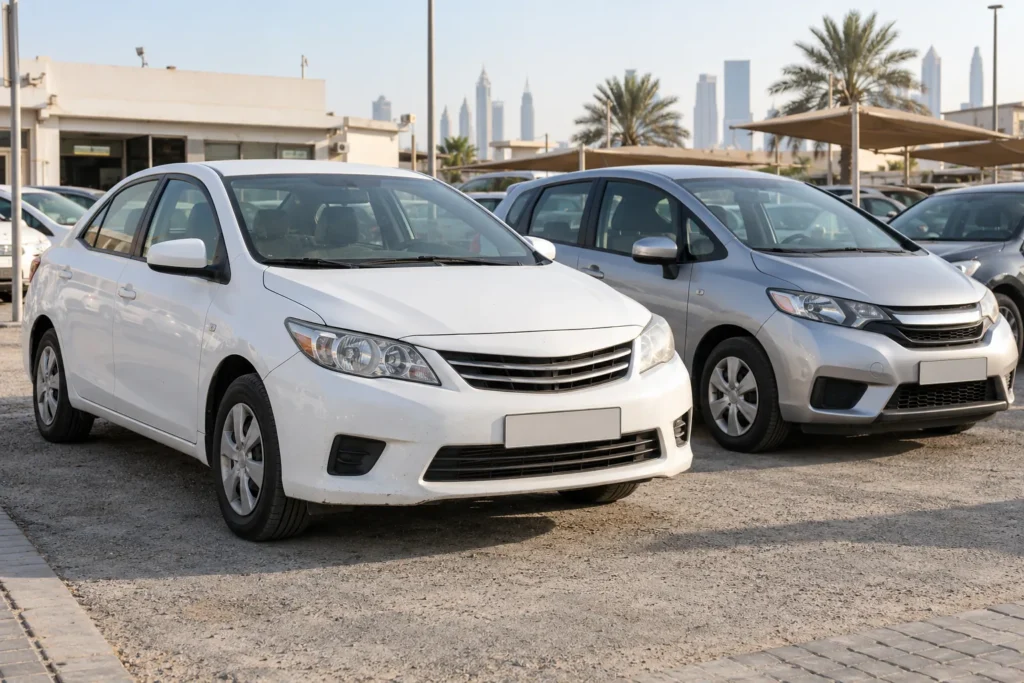 A white compact sedan and silver hatchback parked in a used-car forecourt
