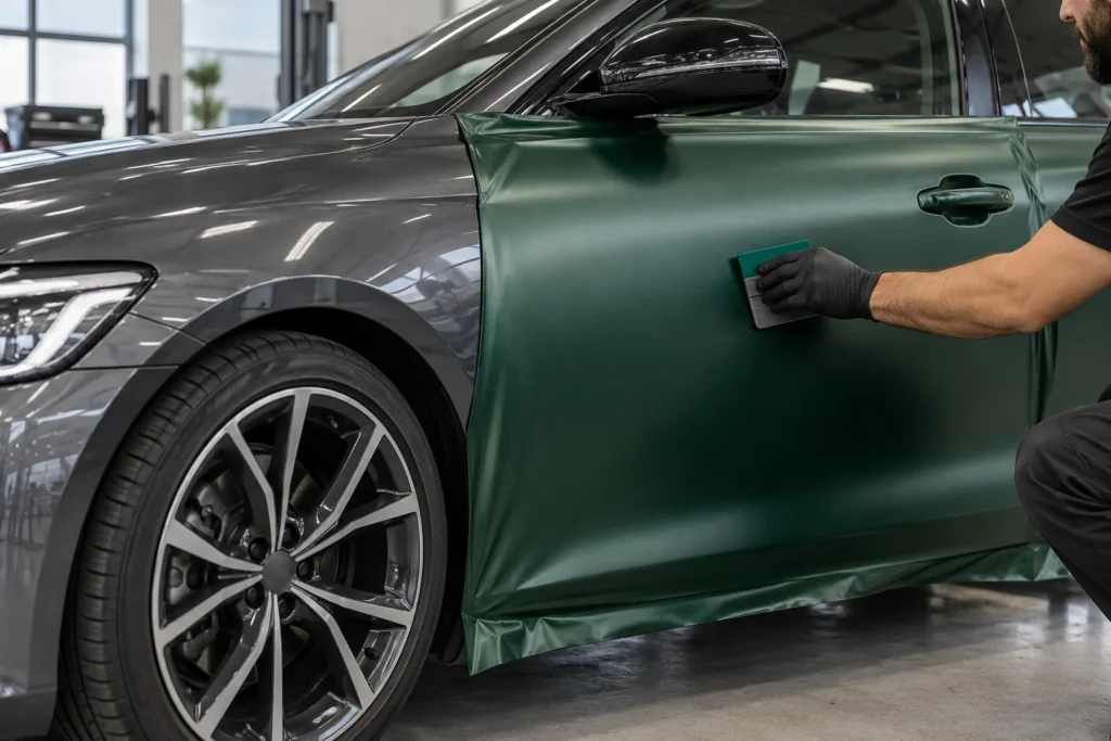 Installer smoothing forest-green satin vinyl on a sedan door