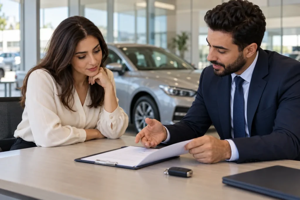 Customer and representative reviewing vehicle paperwork at a showroom desk