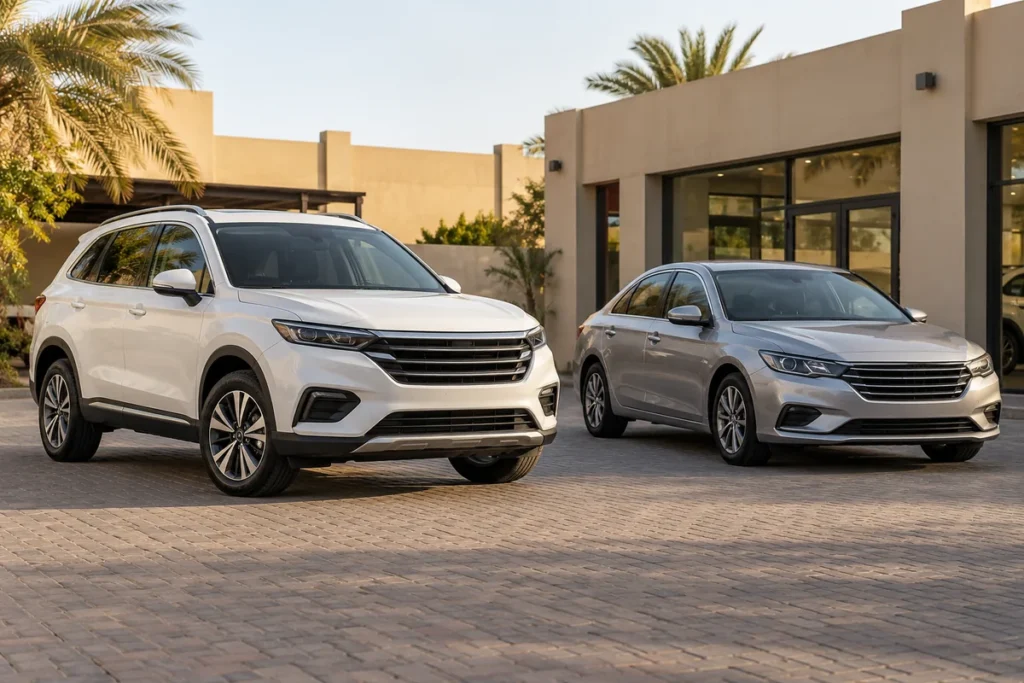 Unbadged white SUV and silver sedan parked outside a modest showroom