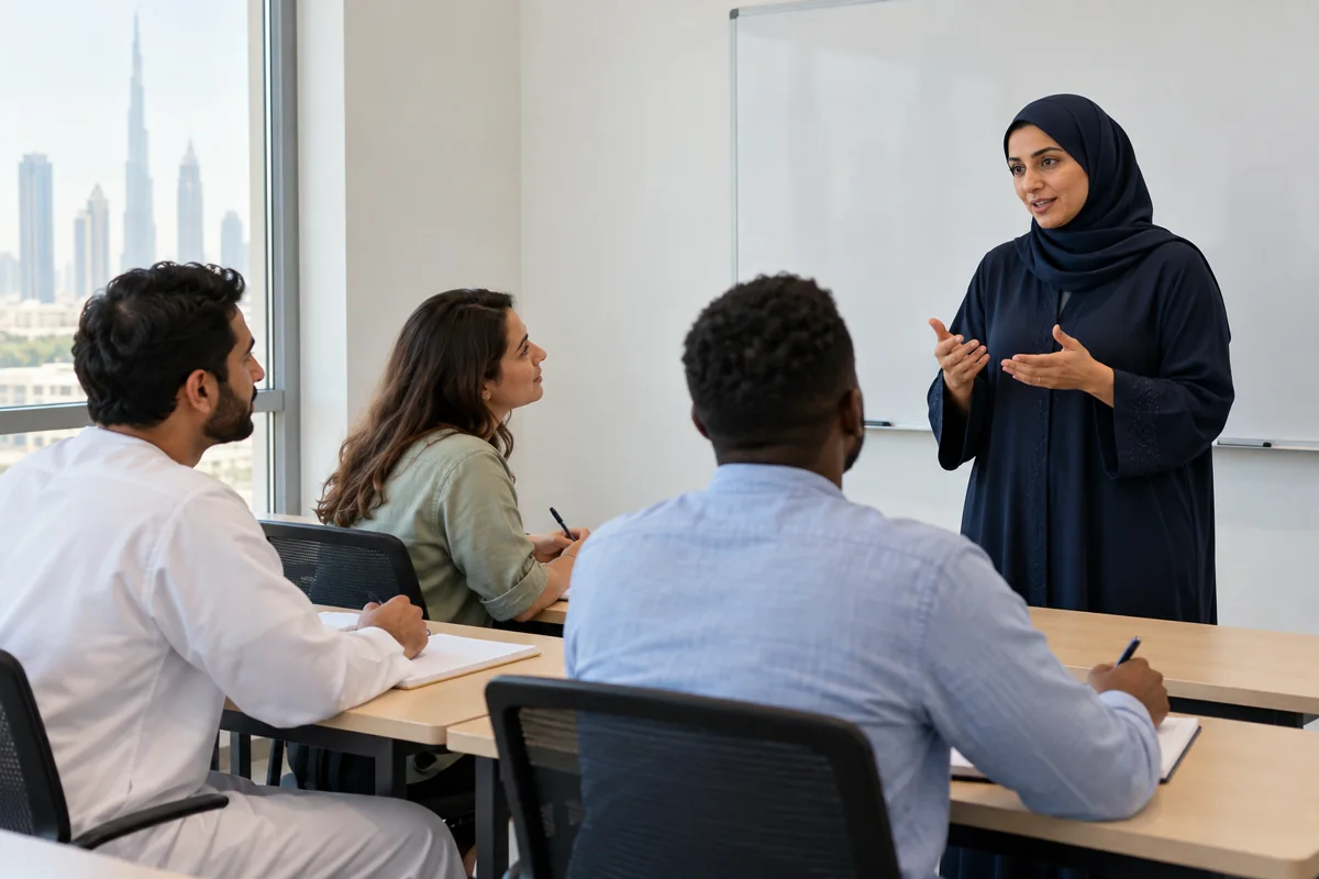 Instructor discussing theory study with adult learners in a classroom