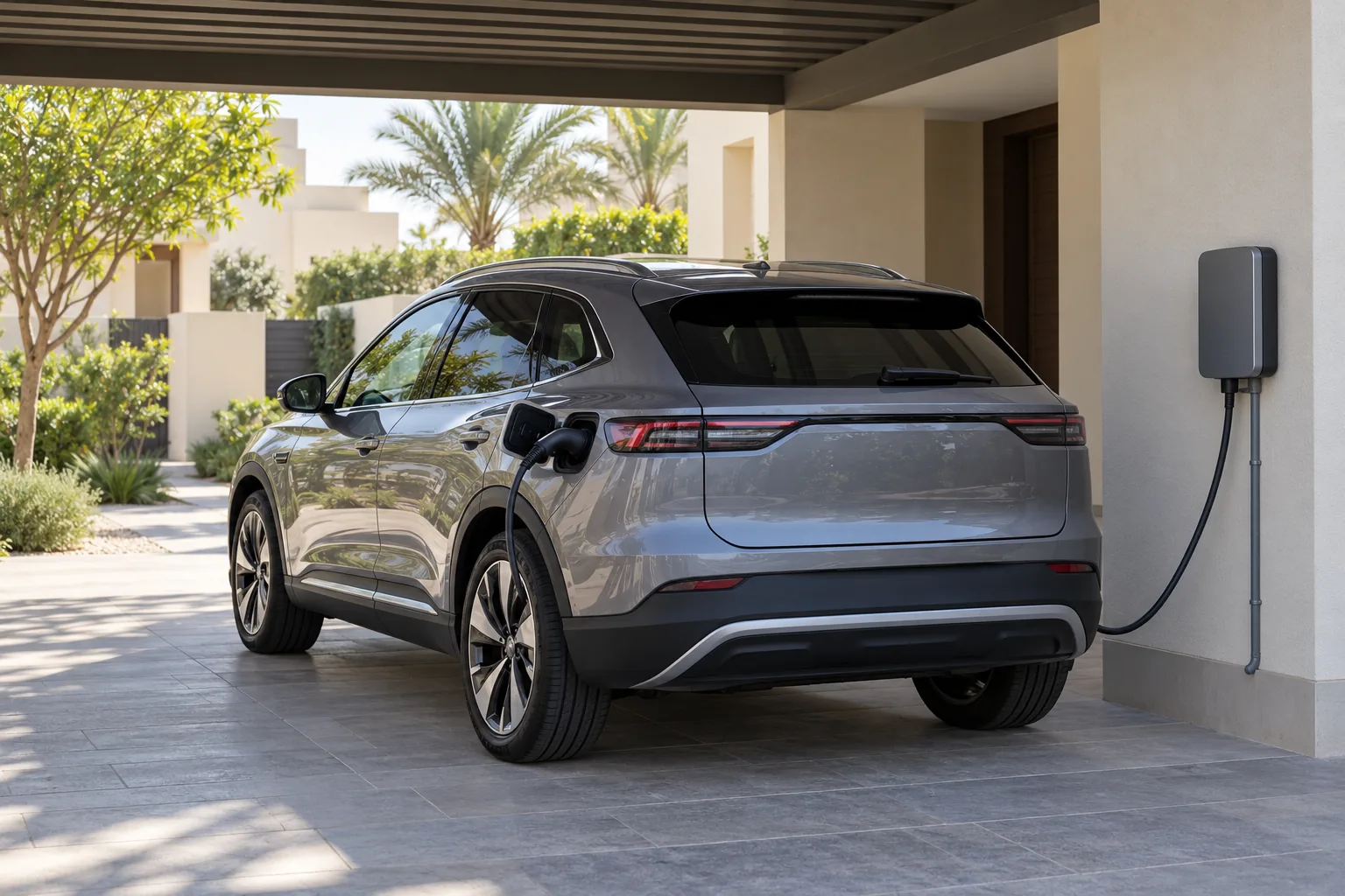 Electric crossover connected to a wall-mounted charger in a shaded residential carport