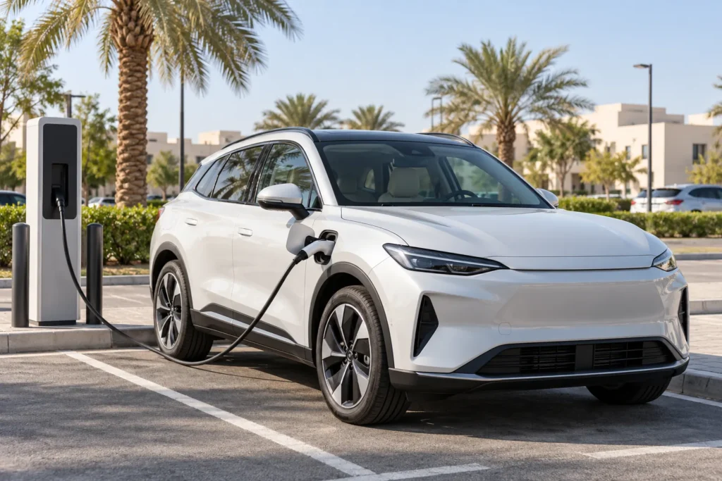 White electric crossover connected to a public charger in a palm-lined car park