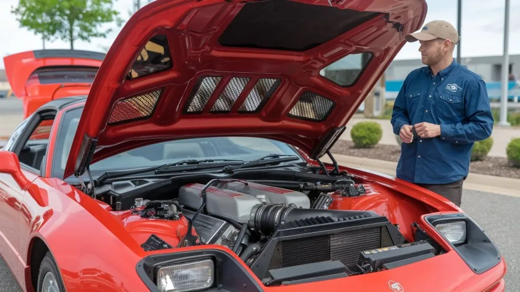 Technician standing beside a red car with its bonnet open