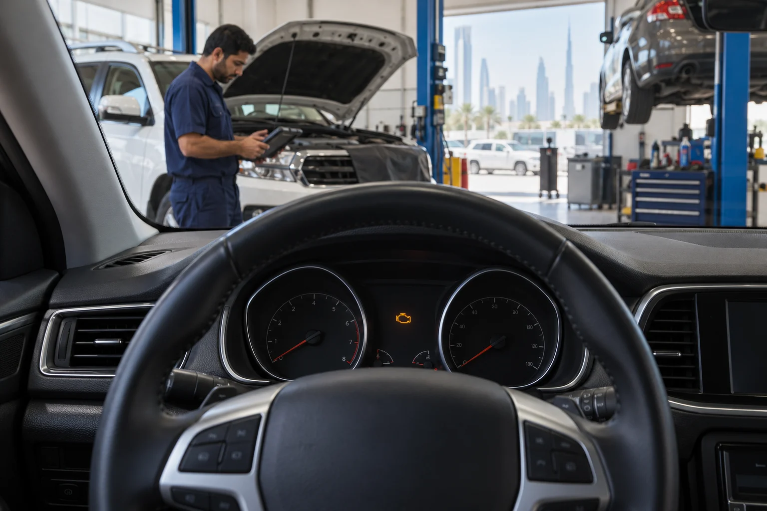 Amber engine warning light on a dashboard with a technician working nearby