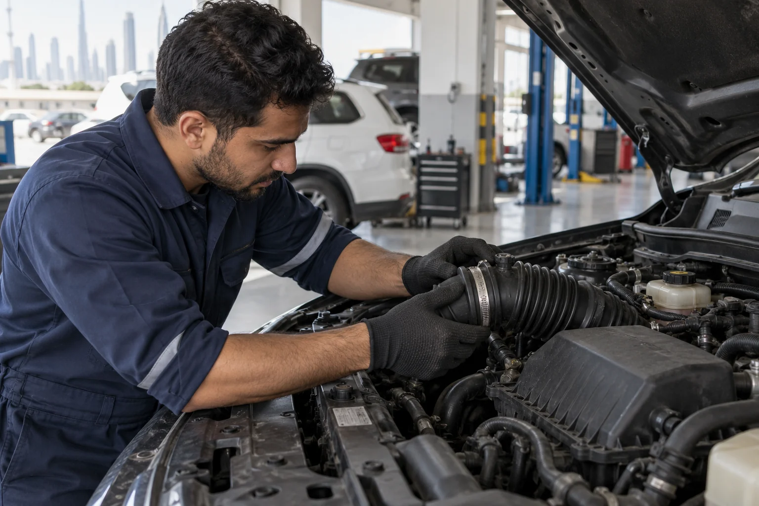 Technician inspecting a car's intake hose and nearby connector