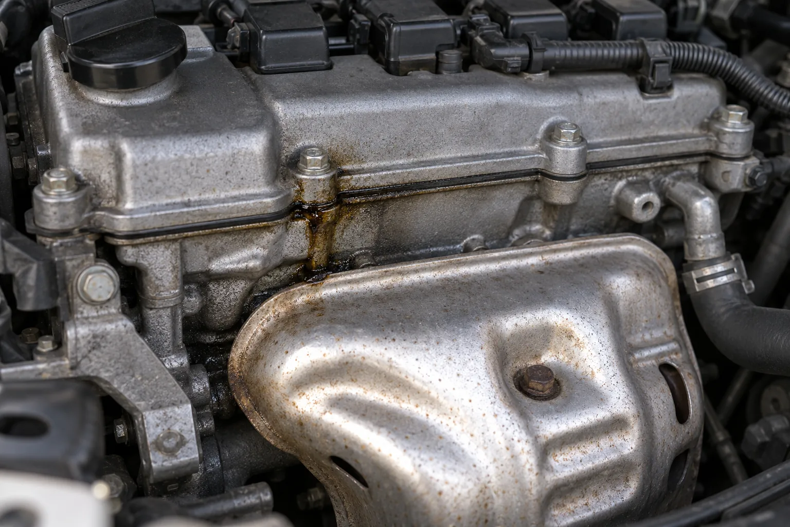 Oily residue beside an engine valve-cover seam above a metal heat shield