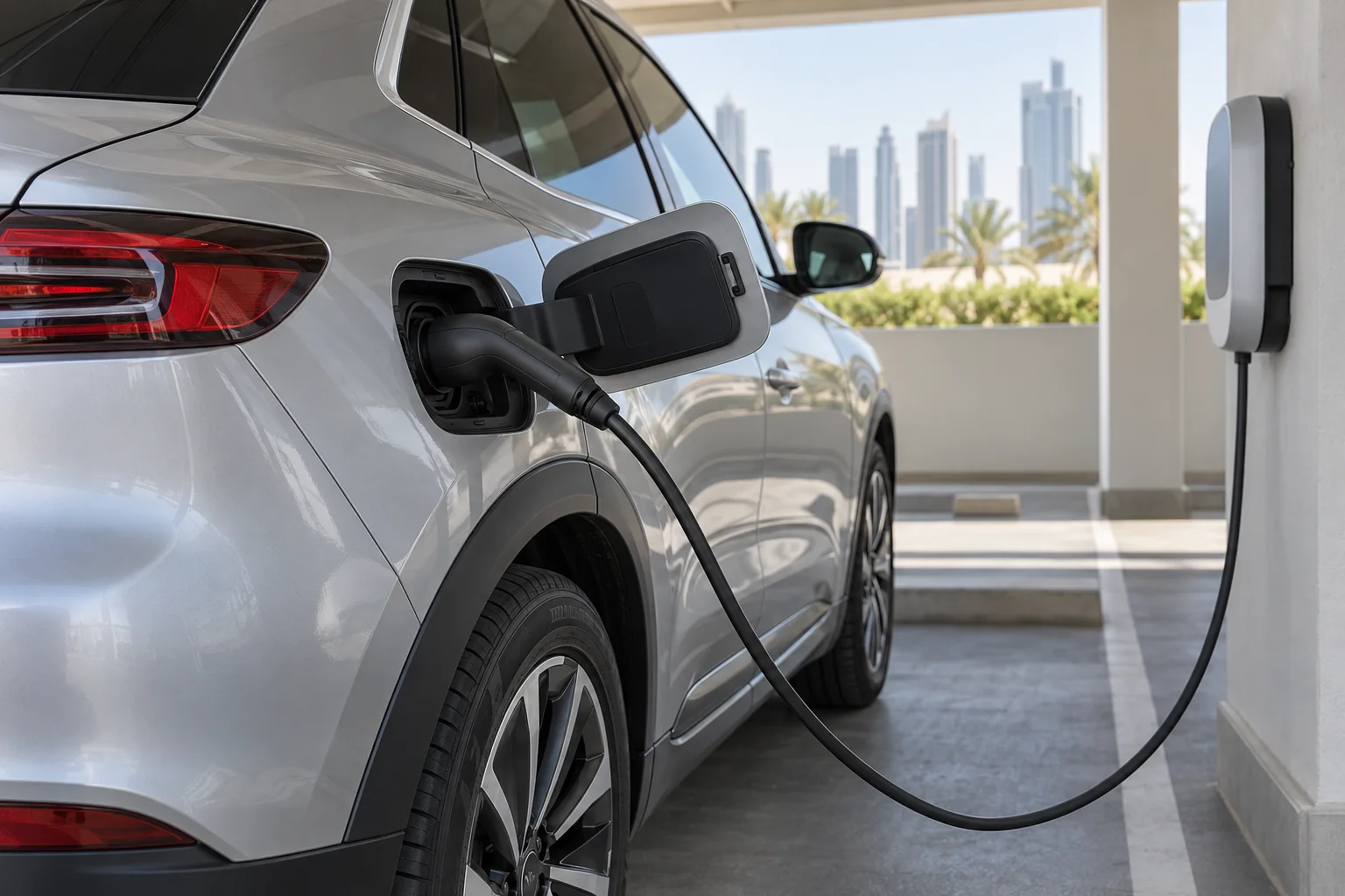 Charging connector connected to a parked crossover beside a wall charger