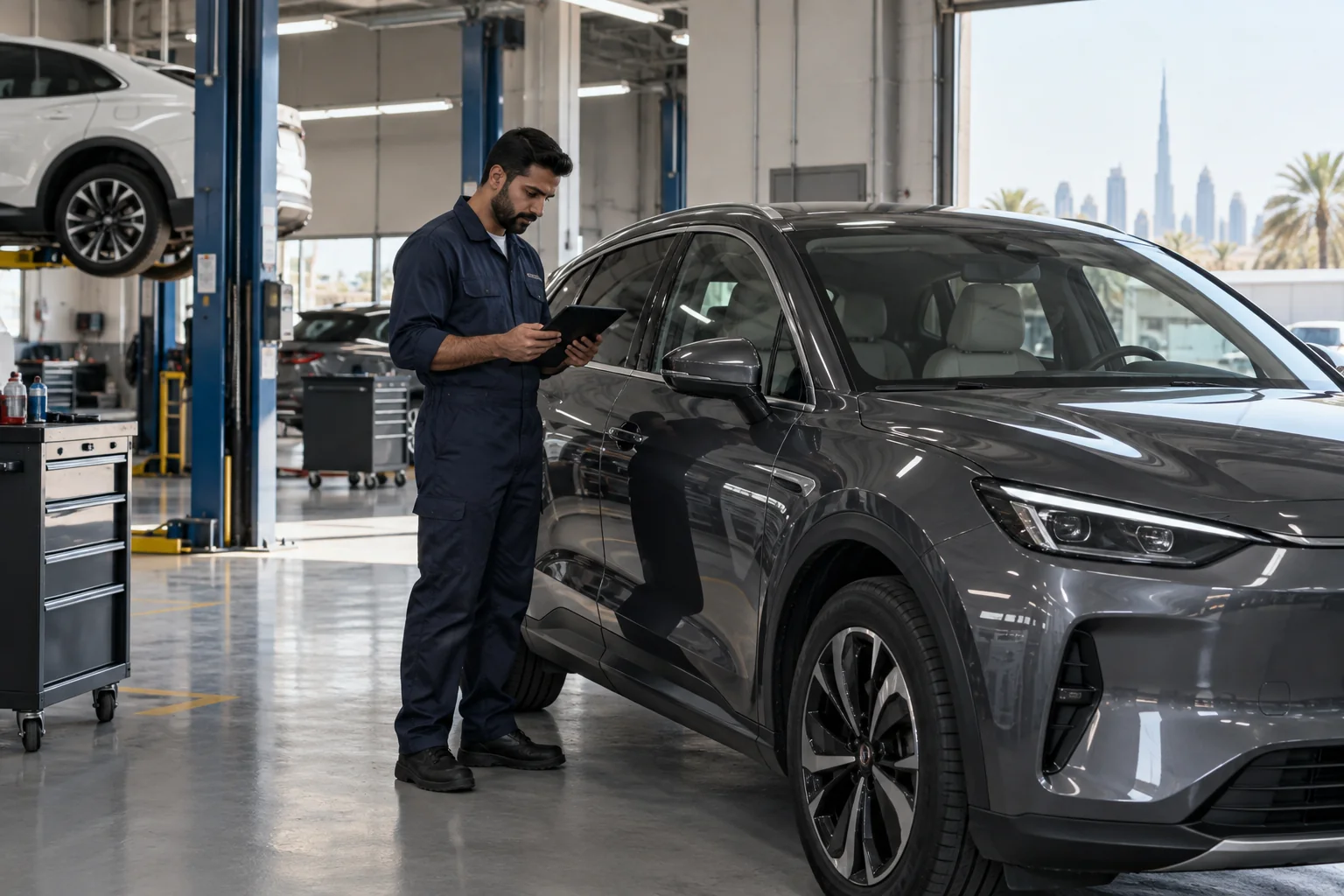 Technician reviewing a tablet beside an electric crossover in a workshop