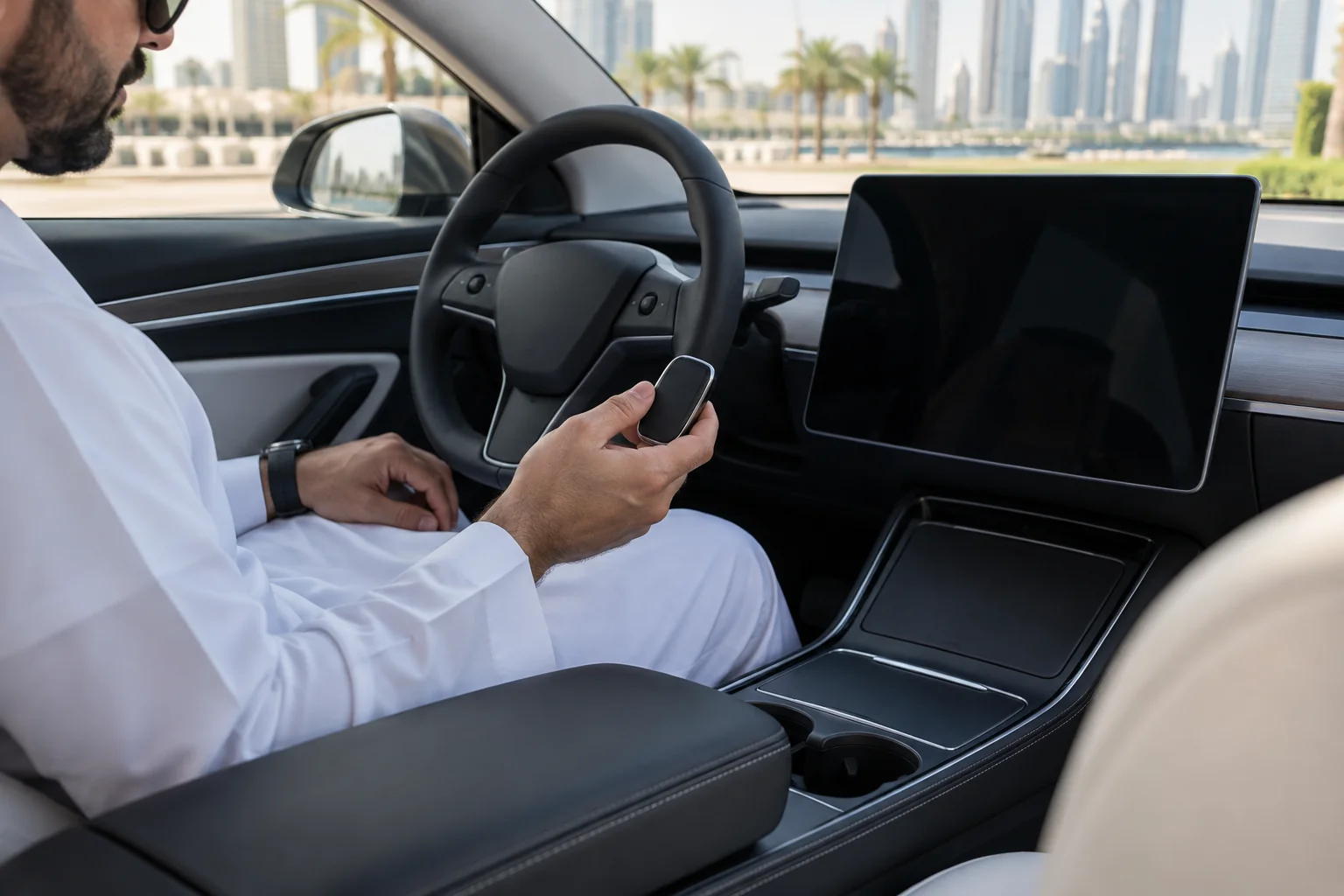 Driver holding a key fob inside a parked electric car with a dark central display
