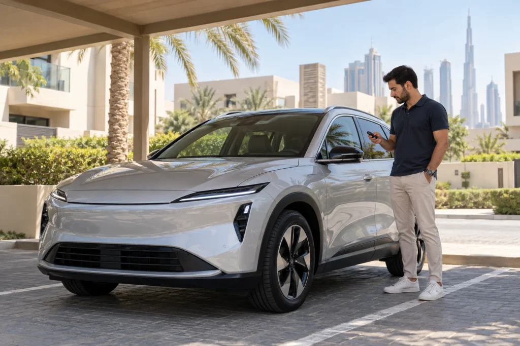 Owner checking a key fob beside a parked electric crossover in Dubai