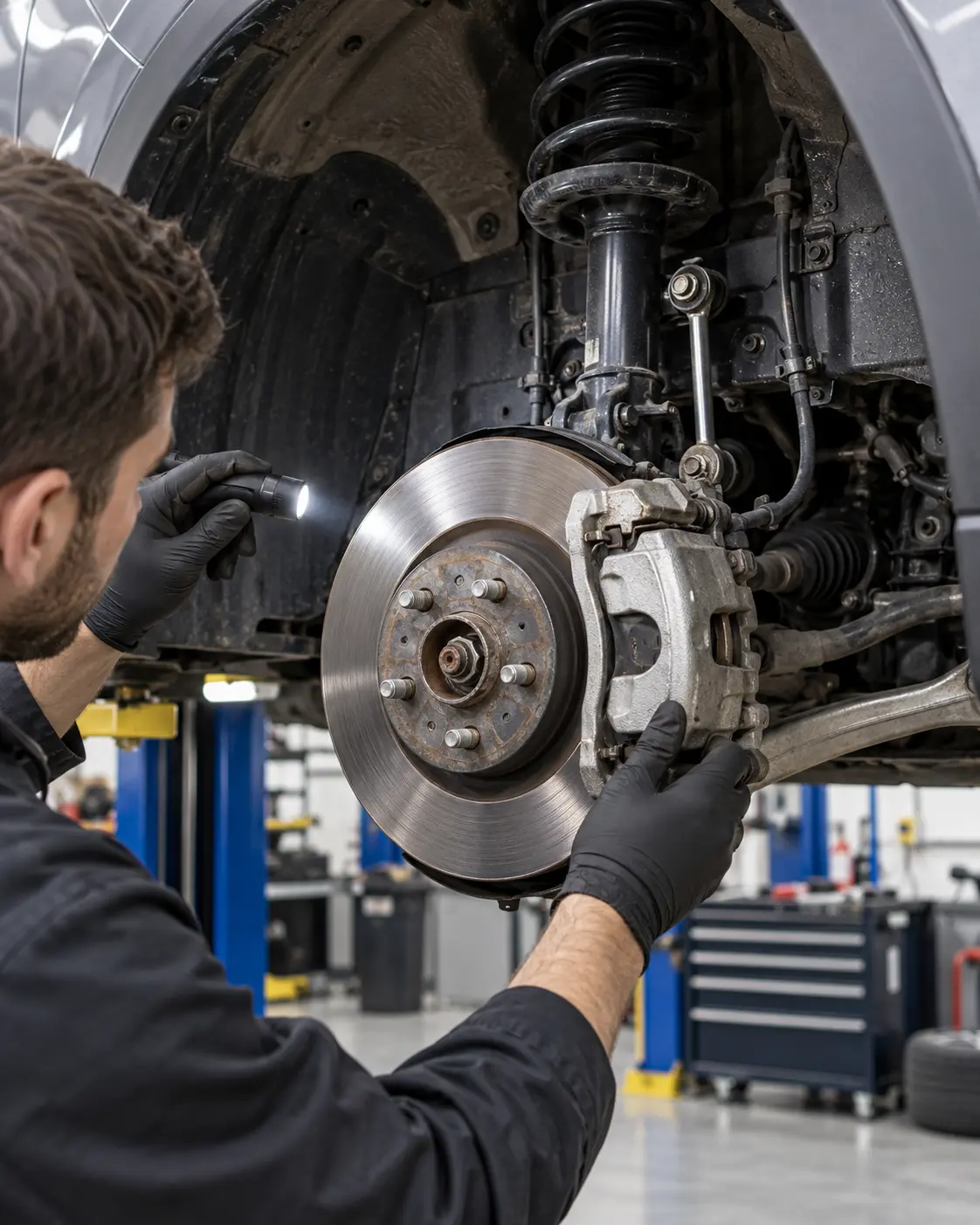 Mechanic inspecting an exposed brake disc, caliper and suspension with a wheel removed