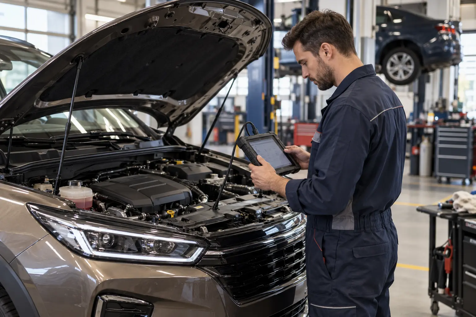 Technician checking a connected diagnostic tablet beside an open crossover engine bay