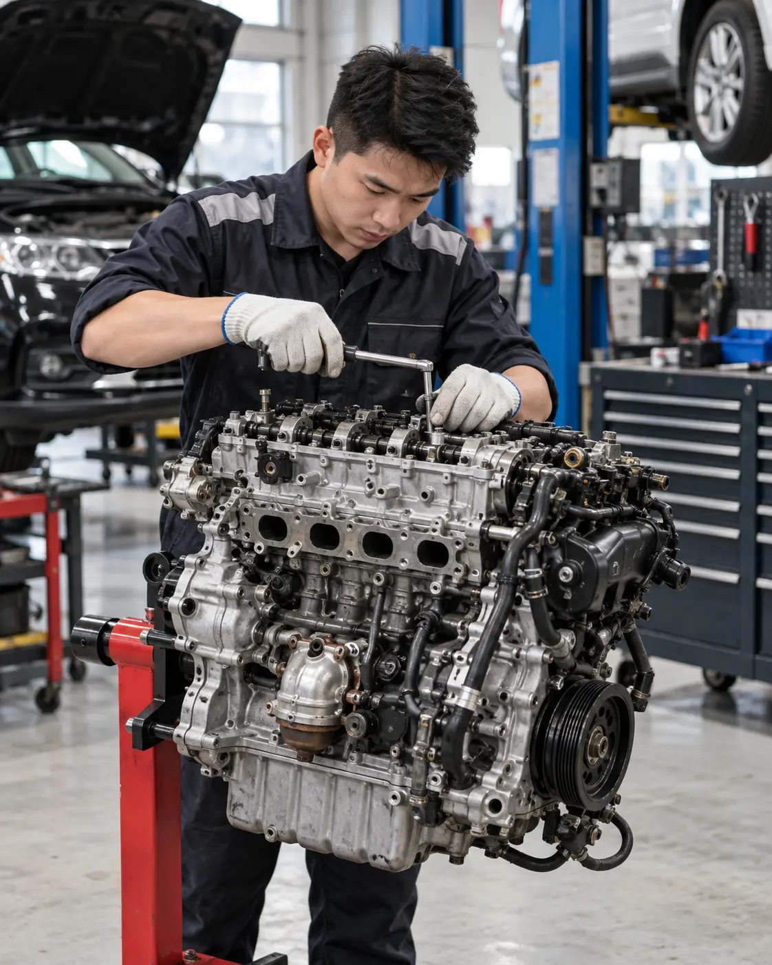 Technician inspecting a partially disassembled engine mounted on a stand