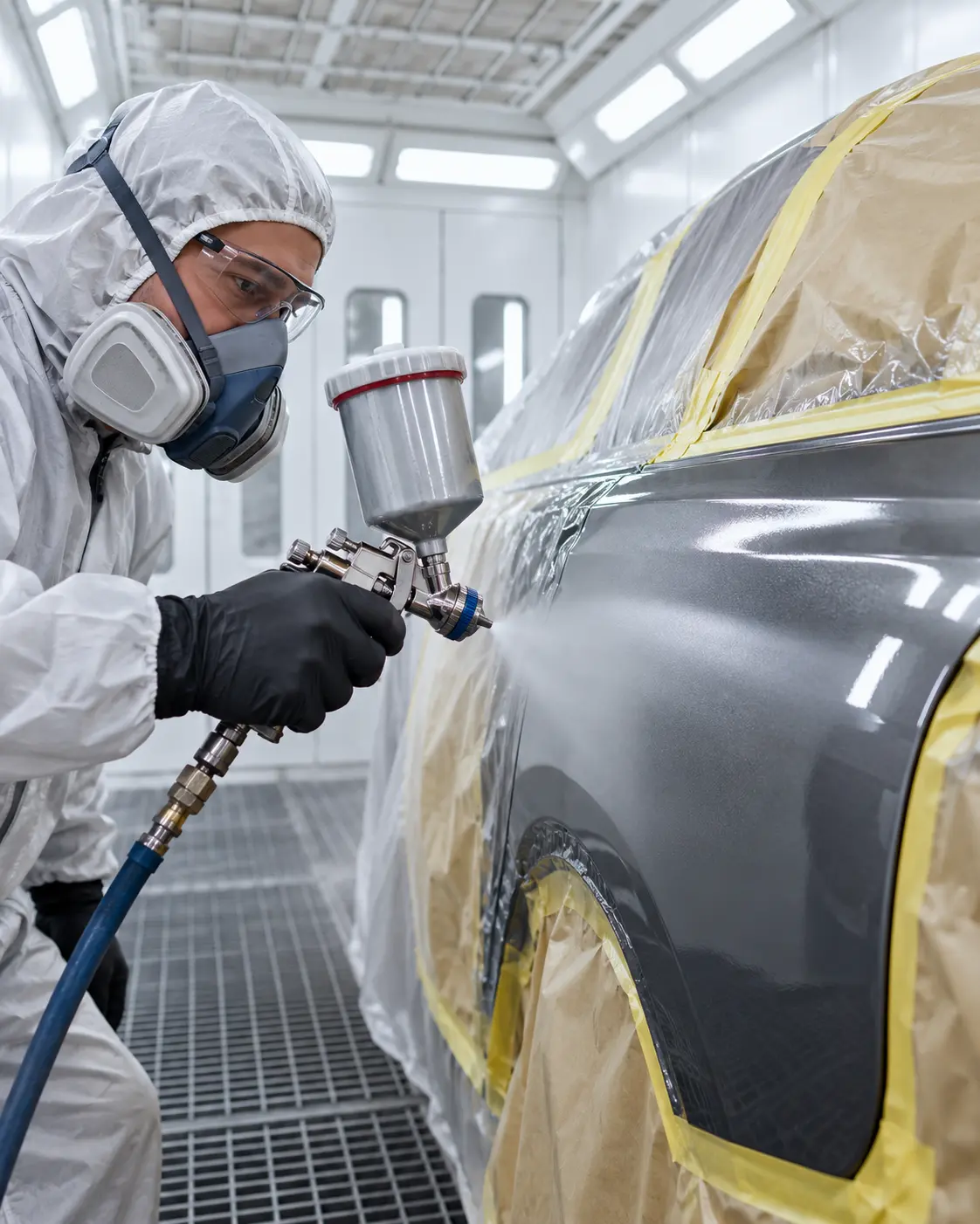 Technician applying paint to a masked vehicle body panel in a spray booth